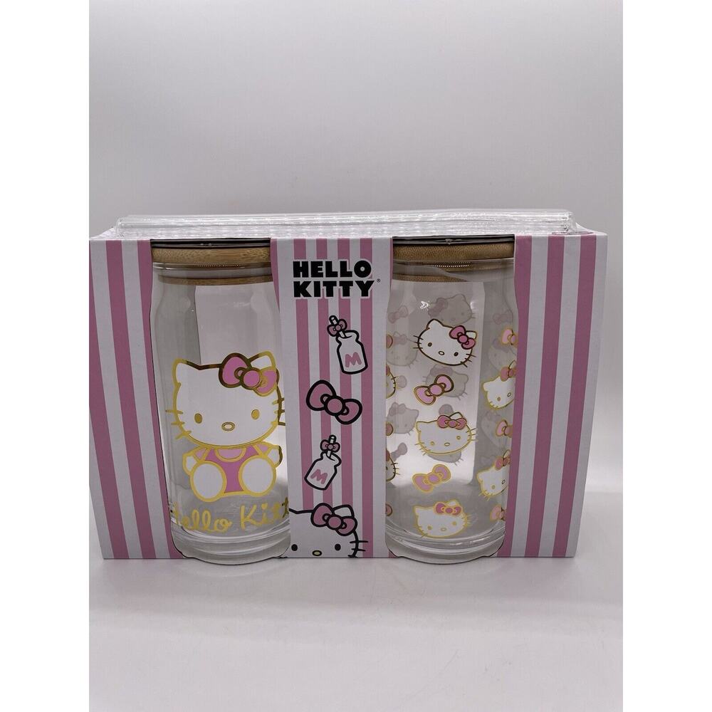 Hello Kitty Glass Tumbler Set With Bamboo Lids and Straws TWO cup set ~NEW~